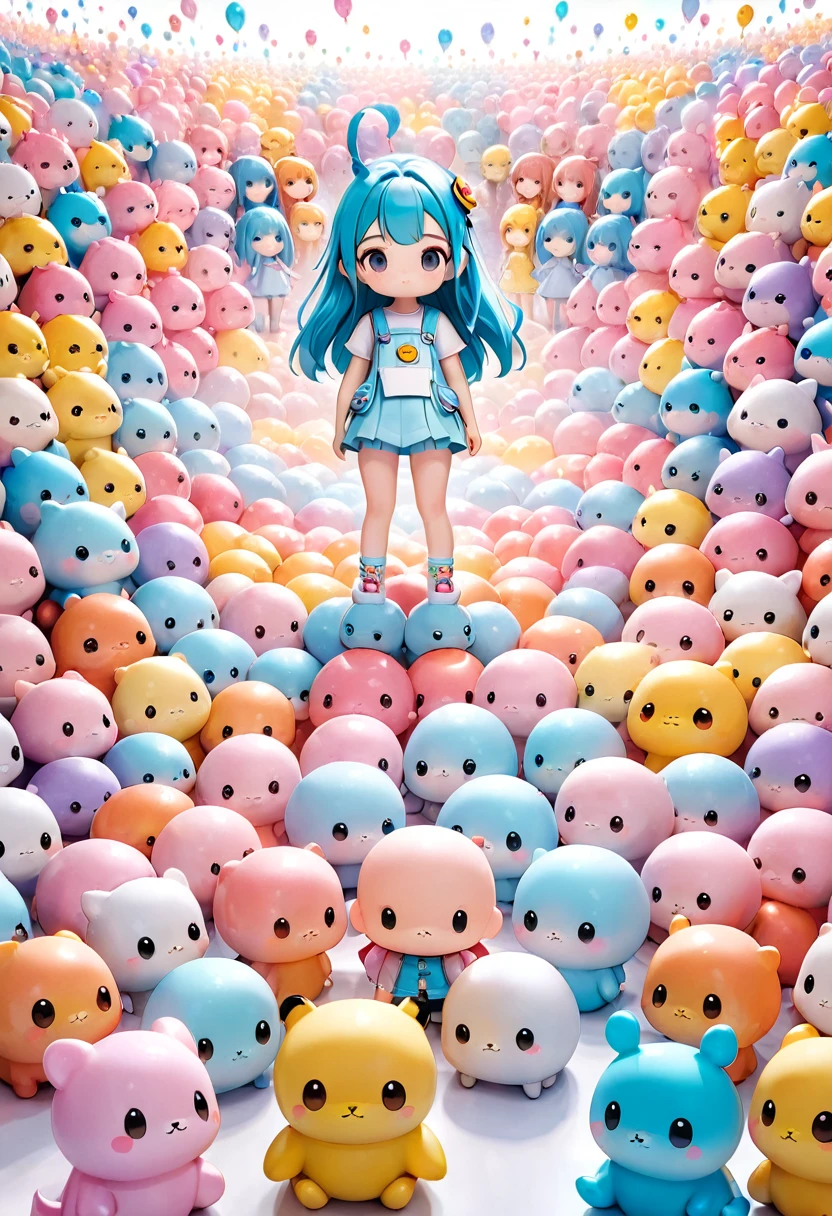 conceptual installation art, there are so many cute chibi characters lined up, background pastel color, (ultra detailed, absolutely resolution, best quality:1.3), 2.5D, delicate and dynamic, artistic photography, hyper realistic, graphic CG digital art