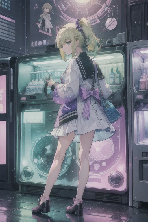 ((Highest quality, masterpiece, Absurd, Super Resolution)) photo of beautiful jpn-gyaru, alone, green,blonde,purple,Gray Hair, Standing on the playground, From afar, From the side, Shiny, beautiful anime eyes with luster reflection, beautiful, money, coin, Drink, bottled water, Soda in a can, (Ramune:1), Background vending machine