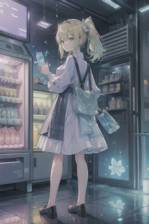 ((Highest quality, masterpiece, Absurd, Super Resolution)) photo of beautiful jpn-gyaru, alone, green,blonde,purple,Gray Hair, Standing on the playground, From afar, From the side, Shiny, beautiful anime eyes with luster reflection, beautiful, money, coin, Drink, bottled water, Soda in a can, (Ramune:1), Background vending machine