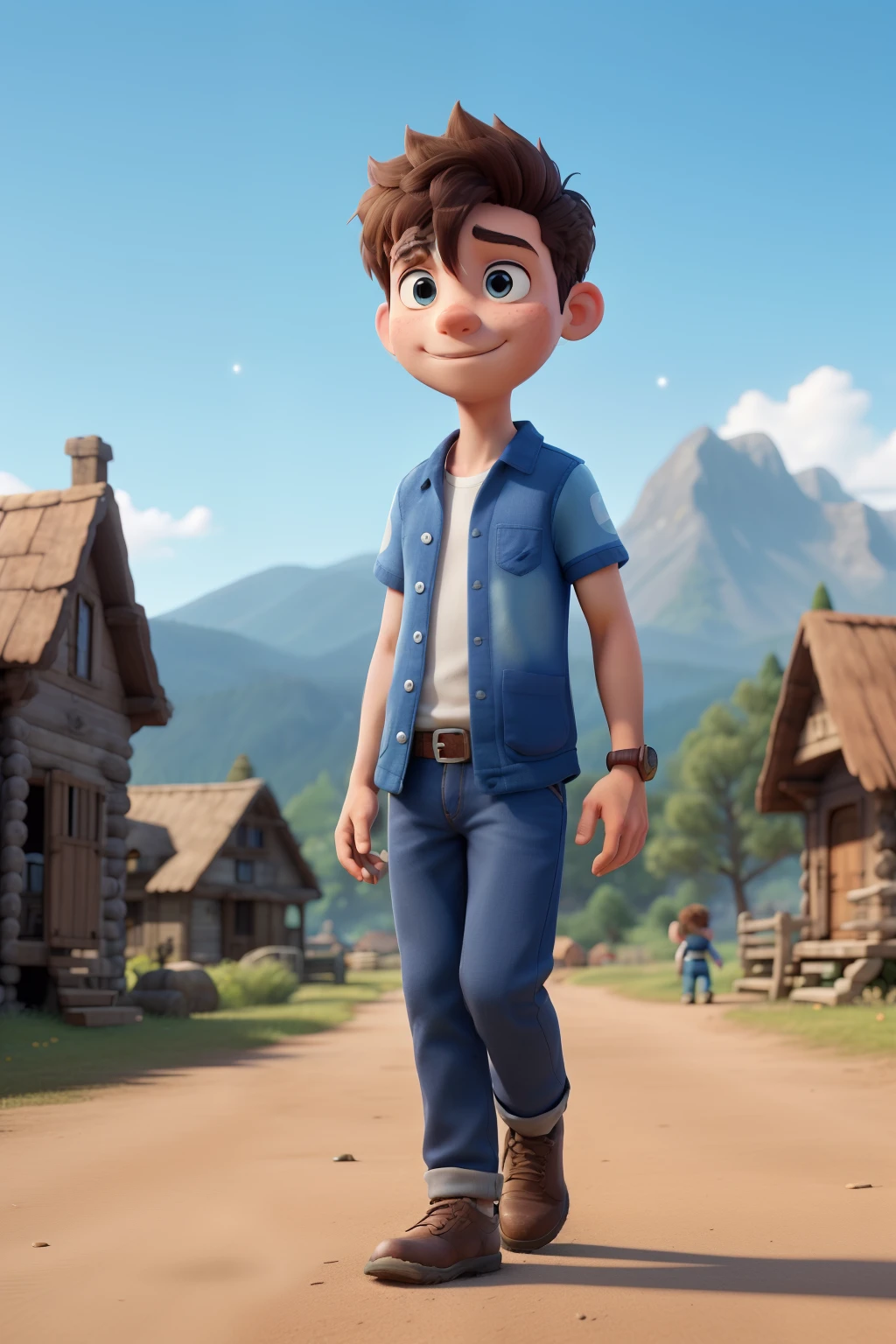 Scene 1: Lucas na Vila Description of the scene:

 Lucas, a boy with bright blue markings on his arms and legs, walks alone through a small village surrounded by mountains.

main character: Lucas Character Details:
 Boy with brown hair, simple clothes and blue markings that look like twinkling stars on their arms and legs.

enviroment: Village with rustic houses, mountains in the background and children playing in the distance.