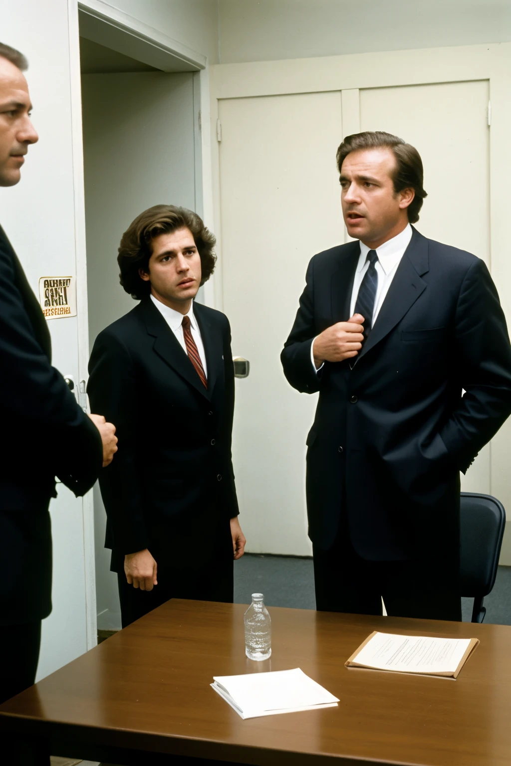 Interrogation room scene, mid-1980s. A middle-aged man reacting with shock and disbelief as detectives confront him with unexpected DNA evidence from a 1969 crime scene. The atmosphere is tense, with the man visibly distressed, repeatedly questioning the detectives, while they maintain a firm stance. The setting should evoke the intensity of a pivotal moment in a criminal investigation.
