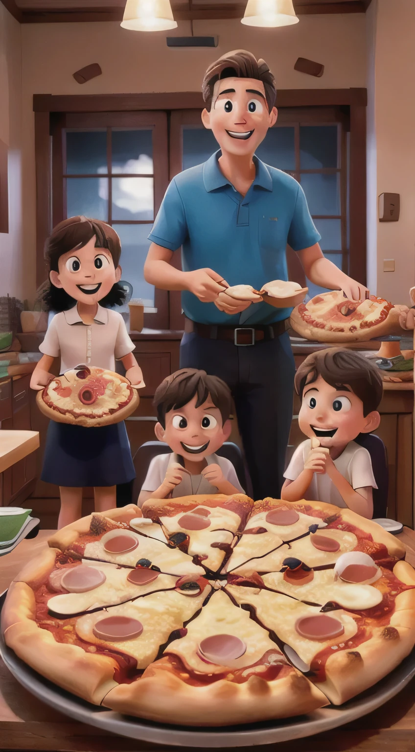 Family reunited eating several pizzas