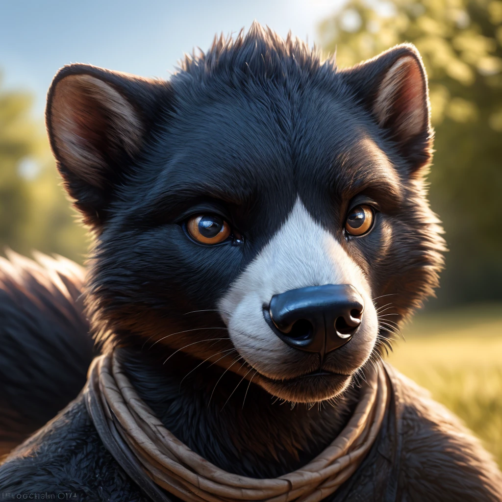 a cute small honey badger, black face, black snout, slightly turned to the right, white top of head, challenging gaze, small smile, (best quality,4k,8k,highres,masterpiece:1.2),ultra-detailed,(realistic,photorealistic,photo-realistic:1.37),HDR,UHD,studio lighting,ultra-fine painting,sharp focus,physically-based rendering,extreme detail description,professional,vivid colors,bokeh,nature,wildlife,macro photography,close up