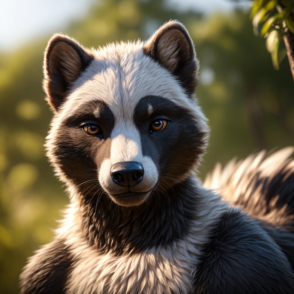 a cute small honey badger, black face, black snout, slightly turned to the right, white top of head, challenging gaze, small smile, (best quality,4k,8k,highres,masterpiece:1.2),ultra-detailed,(realistic,photorealistic,photo-realistic:1.37),HDR,UHD,studio lighting,ultra-fine painting,sharp focus,physically-based rendering,extreme detail description,professional,vivid colors,bokeh,nature,wildlife,macro photography,close up