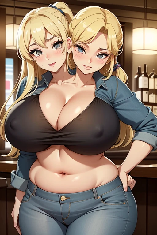 2heads, an overweight woman with 2 heads. She is in a dimly lit bar. She is wearing a floral bikini top, wearing jeans. She has blonde hair in a ponytail. Deep cleavage. She looks young. She is blushing. Big eyes. Baggy eyes, tired eyes, bags under eyes. She looks seductive and lustful. She is extremely fat. She has gigantic breasts. She is winking. She is tall. Young, gorgeous face. Hard nipples. Happy, smiling.