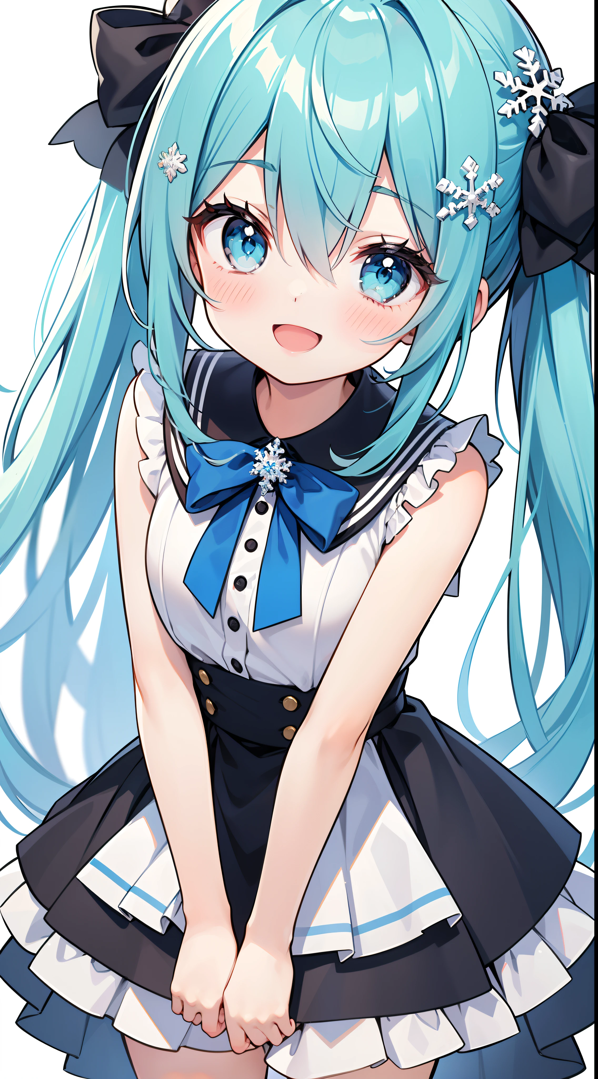 (Straight),full boisyesbian,((white backgrounis)),stanising,girl,whiteいhair,Aqua_hair,Aqua_eye,green_eye, eyeの間の毛, hair over shoulisers, 雪の結晶のhair飾り, Highest quality, High resolution,(length_hair),white_skirt,green_tie,white_crew_isress,white_socks,真っ直ぐなhair,(smile),(:is)