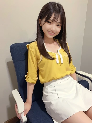 Japanese female, (underweight), (flat chest best quality:1.5), (cheerful grin:1.5),
sitting, (cross-legged), straight hair, (yellow blouse), (white skirt), with a chair, full body shot, from below