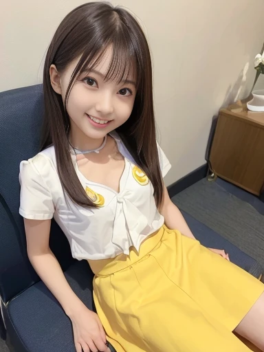 Japanese female, (underweight), (flat chest best quality:1.5), (cheerful grin:1.5),
sitting, (cross-legged), straight hair, (yellow blouse), (white skirt), with a chair, full body shot, from below