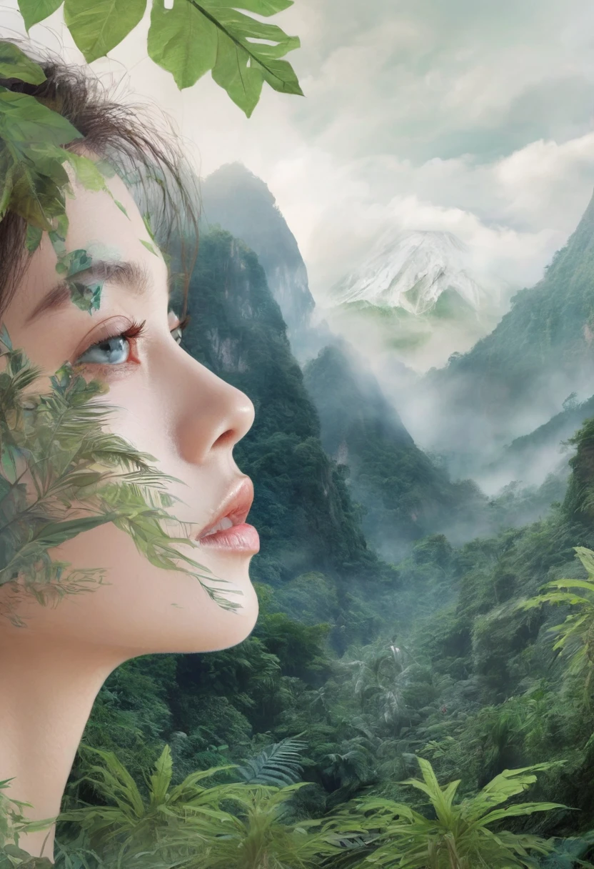Dubrec style, Girl transparent Side View face close-up Beautiful Teen, close-up of face Jungle Mountains image foreground (multiple exposure:1.8),Complex illustrations in surrealist art style Surreal dreams, a closeup detailed side view transparent portrait of a woman with beautiful eyes, should be side view, detailed lips, and long eyelashes, surrounded by lush jungle mountains in the foreground, multiple exposure effect, complex surrealist style illustration, surreal dreamlike atmosphere, cinematic lighting, highly detailed, hyper realistic, 8k, masterpiece, Dubrec style,Girl transparent face close-up,Beautiful close-up of face,Jungle Mountains image foreground (multiple exposure:1.8),Complex illustrations in surrealist art style,Surreal dreams