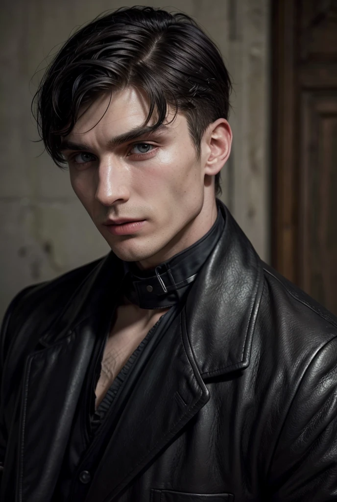 Thomas Shelby, He is wearing a black leather suit that highlights his muscles, and a pointed collar around your neck, your hair is black, realistic, detailded