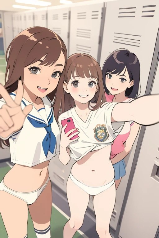 (masterpiece, Highest quality), (locker room), Multiple Girls, young teen, White panties, School Shirt, standing in locker room, Selfie, smile, smile, fun,, Emotional, Wide-angle, bright, Best Shadow, watercolor,