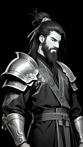 (((Monochrome)))、(whole body)、,Oriental、Men in ancient Chinese costumes、(ancient chinese hairstyle male)、As seen in the Romance of the Three Kingdoms々military commander、(Highest quality、masterpiece、Ultra-high resolution)、(Long beard)、(Embroidered cloth wrapped around a topknot) ,(Metal Armor, metal dragon head on the shoulder, Holding a sword, (Skin of color, ),(long heavy black beard):1.2), (Metal Armor with intricate pattern:1.2), gloves, Long trousers, (Very detailed, bloom:1.5), (Highest quality, Concept Art, 4K), (analog:1.2), (high sharpness), (Detailed pupil:1.1), (Painting:1.1), (digital Painting:1.1), Detailed face and eyes, masterpiece, Highest quality, (Very detailed写真:1.1), 8k, , (Dark Hair, Dynamic Short Hair), (Pyros Face_v1:0.2), [:(Detailed face:1.2):0.2], sharp, 