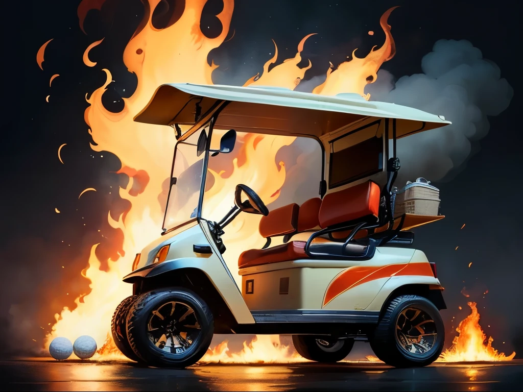 ((best quality)), ((masterpiece)), (detailed), (2D) (black and white image), empty golf cart. zero passengers. huge flames shooting out the back of the cart doing a wheelie with white background