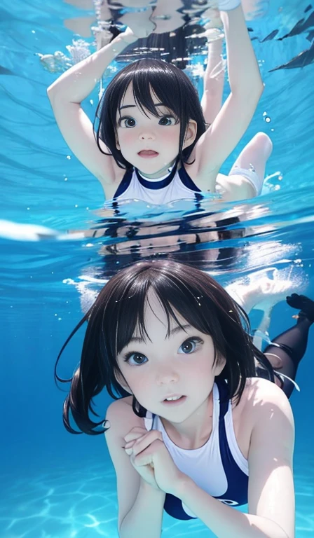 Beautiful girls、diving, Underwater, Dive directly underneath to take Underwater Photographys, Underwater, Underwater Photography, Gwaiz、スキンdiving, A mix of anime style and Fujifilm、Pure white swimsuit and white knee socks、White diving Fins、High leg swimsuit、in the blue sea