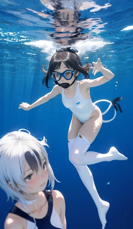 Beautiful girls、diving, Underwater, Dive directly underneath to take Underwater Photographys, Underwater, Underwater Photography, Gwaiz、スキンdiving, A mix of anime style and Fujifilm、Pure white swimsuit and white knee socks、White diving Fins、High leg swimsuit、in the blue sea