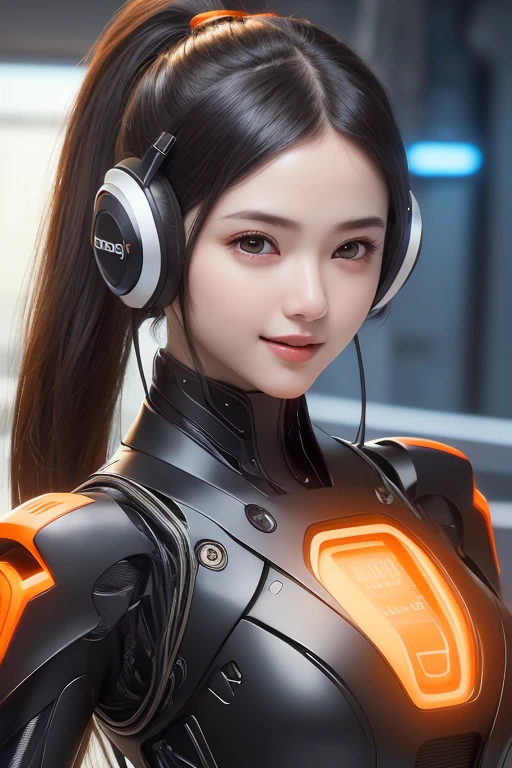 Top Quality, Masterpiece, Ultra High Resolution, (Photorealistic: 1.4), Raw Photo, 1 Girl, Black Hair, Glossy Skin, 1 Mechanical Girl, (((Ultra Realistic Details)), Portrait, Global Illumination, Shadows, Octane Rendering, 8K, Ultra Sharp, Intricate Ornaments Details, realistic skin, sweat effect, ((wearing Headphone)), very intricate detail, realistic light, CGSoation trend, brown eyes, glowing eyes, matte black and glossy orange mechanical bodysuit, Long hair, black hair, Ponytail hair, Half body shot, spaceship bridge background, dynamic pose, cute smile, close up, Open Mouth, 