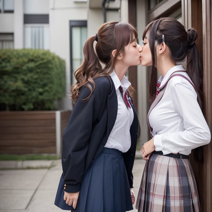 (Highest quality, 4K, 8k, High resolution, masterpiece:1.2), Very detailed, (Realistic, photoRealistic, photo-Realistic:1.37)、Two Girls、Japanese、(High School Uniform)、(Hair Color：Random)、(Hairstyle：Random)、((Kissing))、Big Breasts、Photographed from the waist up