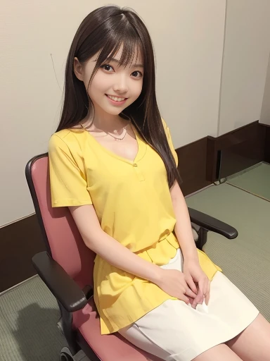 Japanese female, (underweight), (flat chest best quality:1.5), (cheerful grin:1.5),
sitting, (cross-legged), straight hair, (yellow blouse), (white skirt), with a chair, full body shot, ((low angle shot))