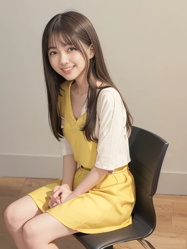 Japanese female, (underweight), (flat chest best quality:1.5), (cheerful grin:1.5),
sitting, (cross-legged), straight hair, (yellow blouse), (white skirt), with a chair, full body shot, ((low angle shot))