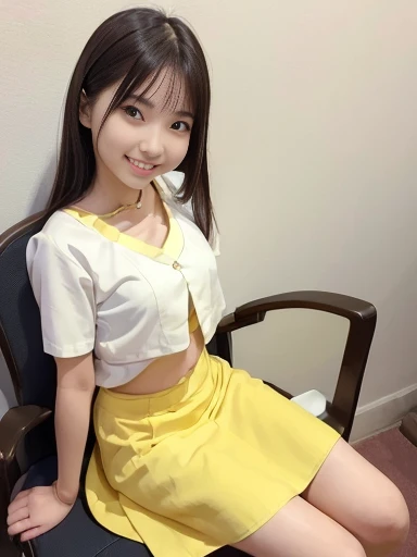 Japanese female, (underweight), (flat chest best quality:1.5), (cheerful grin:1.5),
sitting, (cross-legged), straight hair, (yellow blouse), (white skirt), with a chair, full body shot, ((low angle shot))