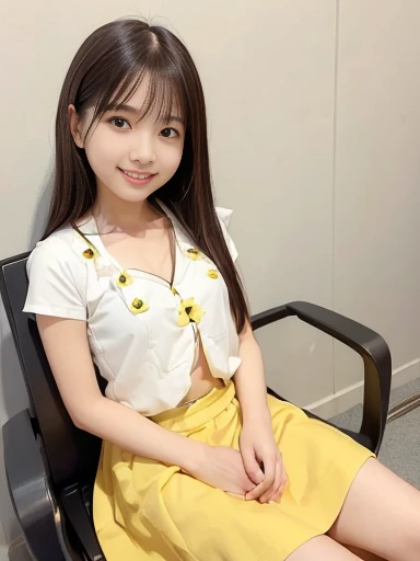 Japanese female, (underweight), (flat chest best quality:1.5), (cheerful grin:1.5),
sitting, (cross-legged), straight hair, (yellow blouse), (white skirt), with a chair, full body shot, ((low angle shot))