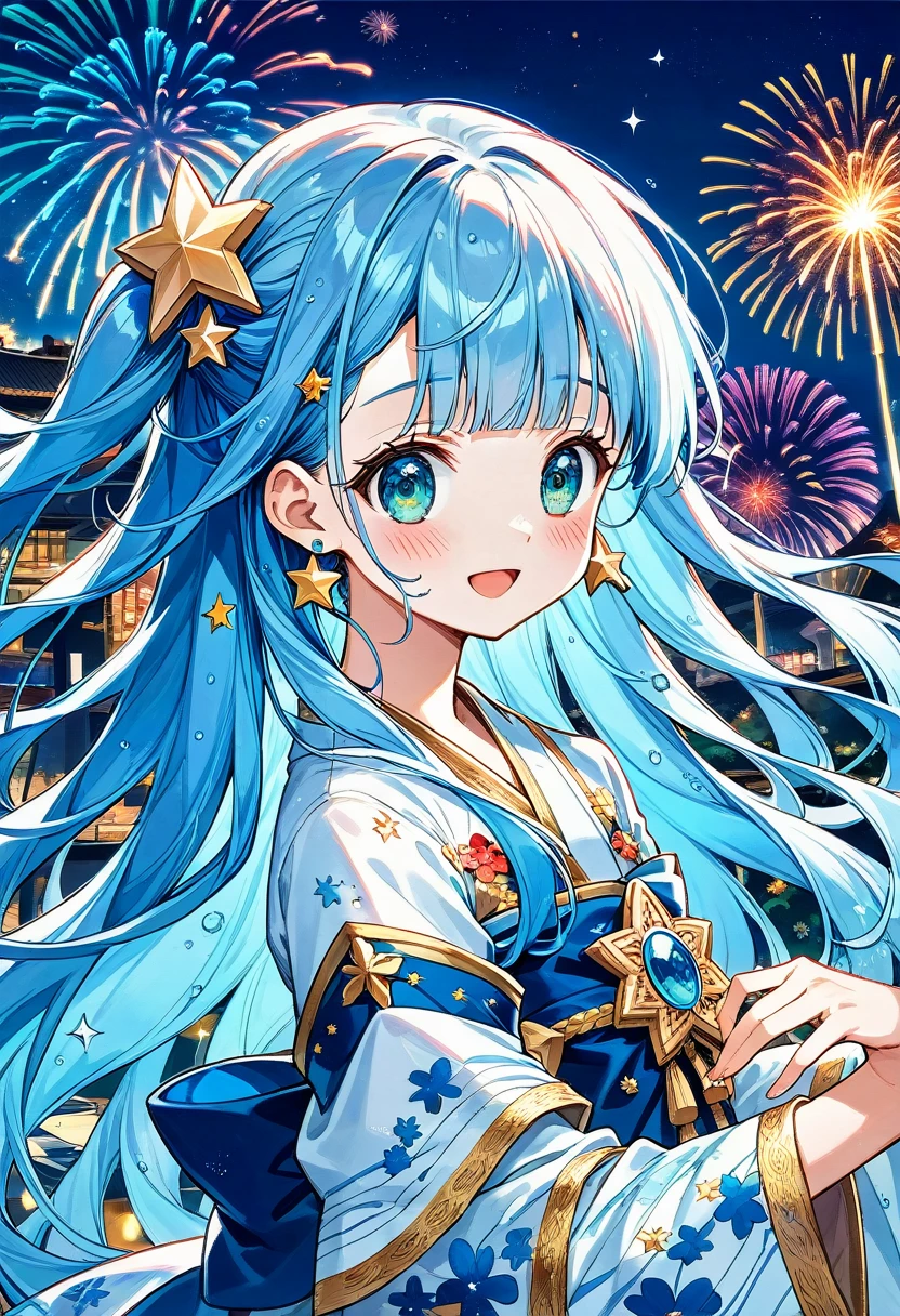 
masterpiece, best quality, extremely detailed, (illustration, official art:1.1), 1 girl ,(((( light blue long hair)))), ,(((( light blue long hair)))),light blue hair, , long hair ((blush)) , cute face, masterpiece, best quality,(((((a very delicate and beautiful girl))))),Amazing,beautiful detailed eyes,blunt bangs((((little delicate girl)))),(((tareme))),droopy eyes.(true beautiful:1.2), sense of depth,dynamic angle,,,, affectionate smile, (true beautiful:1.2),,(tiny 1girl model:1.2),)(flat chest), "A woman in a beautiful white yukata with hydrangea patterns. The obi of the yukata is pink and adorned with shining pearl accessories. The background features fireworks lighting up the dark night sky with vibrant colors, beautifully illuminating her."colored inner hair, side ponytail, hair one side up, shiny hair, wet hair, tied hair, low-braided long hair, lone nape hair, kanzashi, star hair ornament, bunny hair ornament, musical note hair ornament, multicolored eyes, aqua eyes, gradient eyes, gradient_eyes, longeyelashes, solid circle eyes, crescent earrings, glint, happy, laughing, Surrealism, anime, sparkle, 8k, super detail, UHD, accurate, masterpiece, anatomically correct, textured skin, super detail, high details, high quality, award winning, best quality, highres