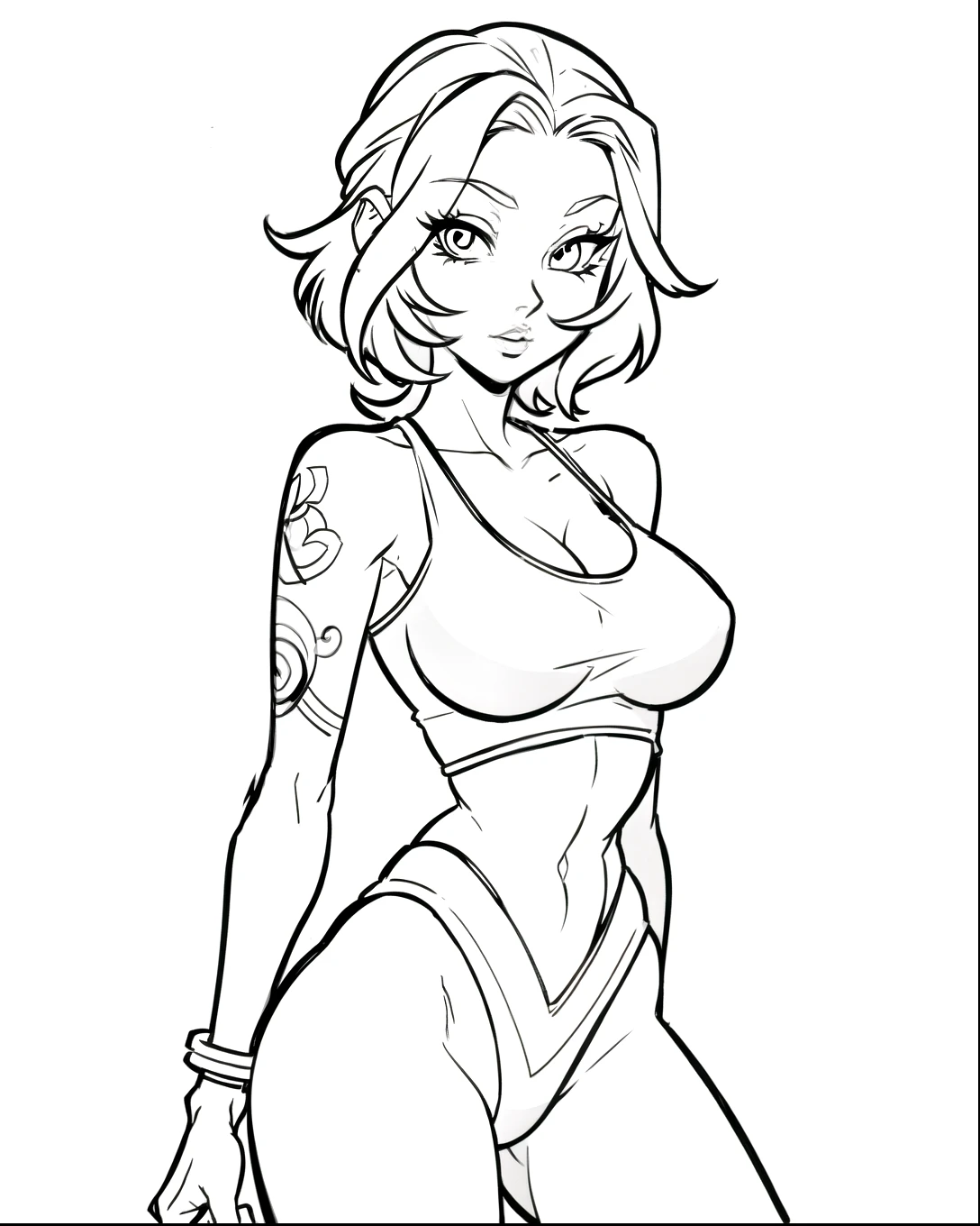 Coloring page for kids, a pin-up girl tattoo, standing, complete body, for coloring
books, simple line, high contrast, white background
