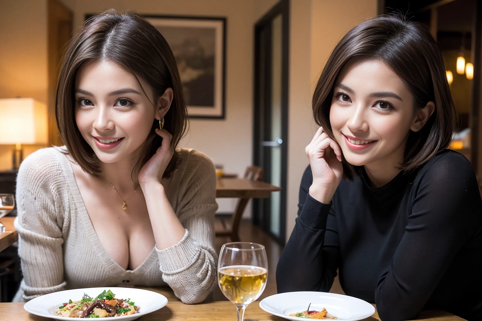 （Realistic:1.1）,(masterpiece,Highest quality)，8k,(40 years old), 42 years old, slimカップル、Model Couple、actress/actor、Tight waist,Upper Body,full-course dinner、wine 、Amazing view of the sunset sky and clouds、Perfect Anatomy, Brown Hair, short hair,Random Hairstyles,((Highly detailed face and eyes:1.2))(cute顔:1.4)，美しいactressの顔，Perfect golden ratio face，Long sleeve shirt、dress,(smile:1.2)、Shortcuts、cute、(Realistic, Intricate details:1.2), A bright smile、short hair,Bright Face、赤wine 、Appetizers、Italian food、wine bottle、Champagne、スパークリングwine、(slimな顔), (The body is slim), (Brown Hair), (Shortcuts),  Upper Body, 白wine, slim, wineグラス, 