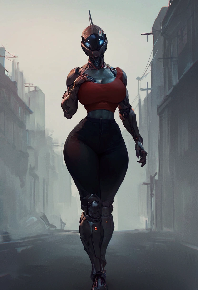 sexy mechanical creature walking in the city, daylight