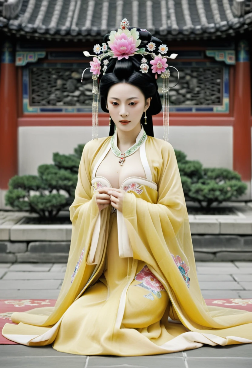 A Qing Dynasty empress is naked and playing with her pubic hair in the Chinese imperial court. A Qing Dynasty empress is wearing a large crown for a Chinese empress. Her hair is decorated with a large flower and a large crown.　 Her hair is tied up and pulled up. The background is the stone paving outside the Qing Dynasty.