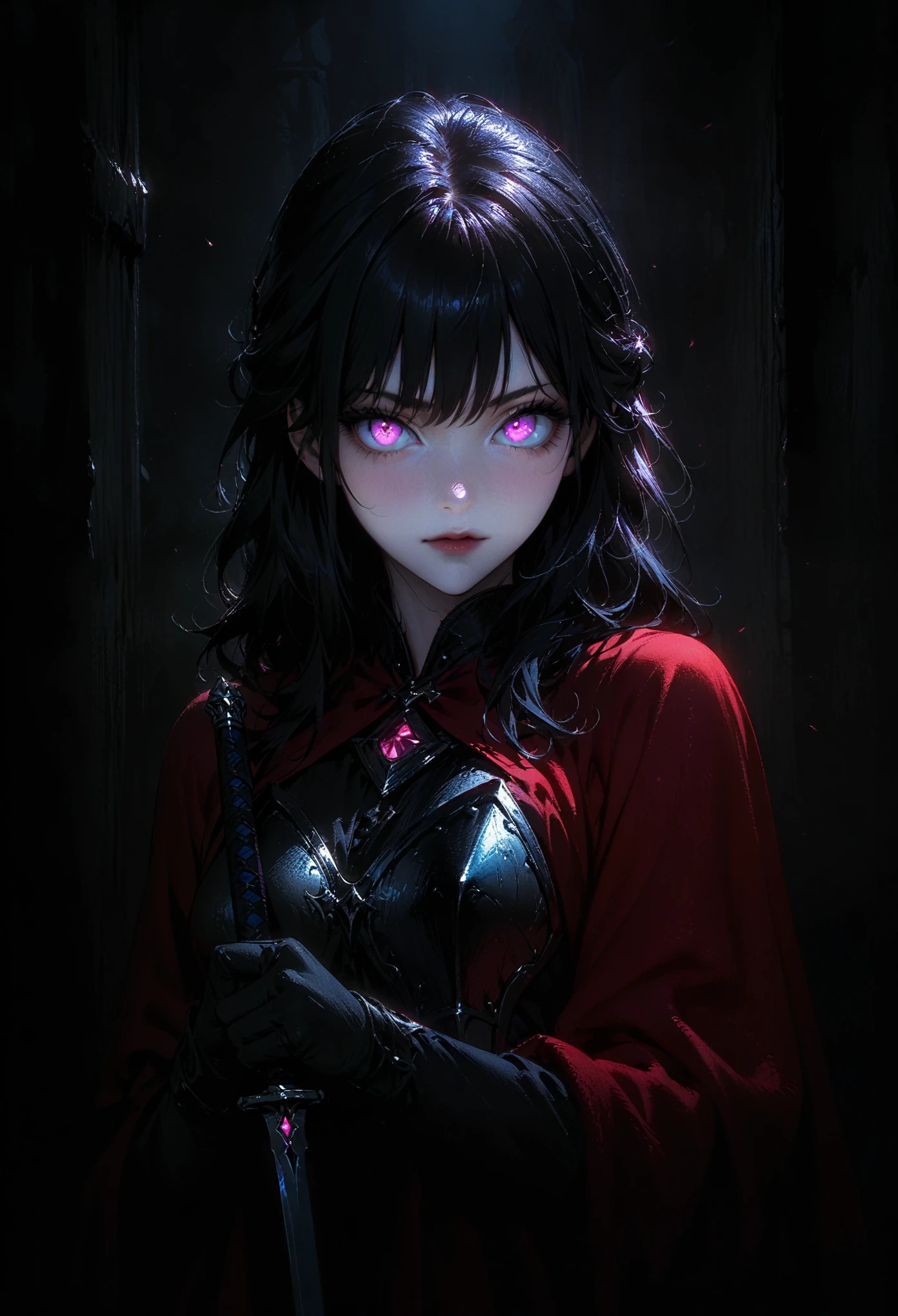 (full body portrait), 1girl, solo, holding weapon, sword, (long black hair), detailed face, mischief expression, pale white skin, pink eyes, (detailed eyes), long eyelashes, black eye liner, red lipstick, black tunic, red cloak, long dress, leather glove, (chest armor), moonlight, hard lighting, blue light, cold light, (medieval theme), (masterpiece), super detailed, best quality, POV, dw01-3400