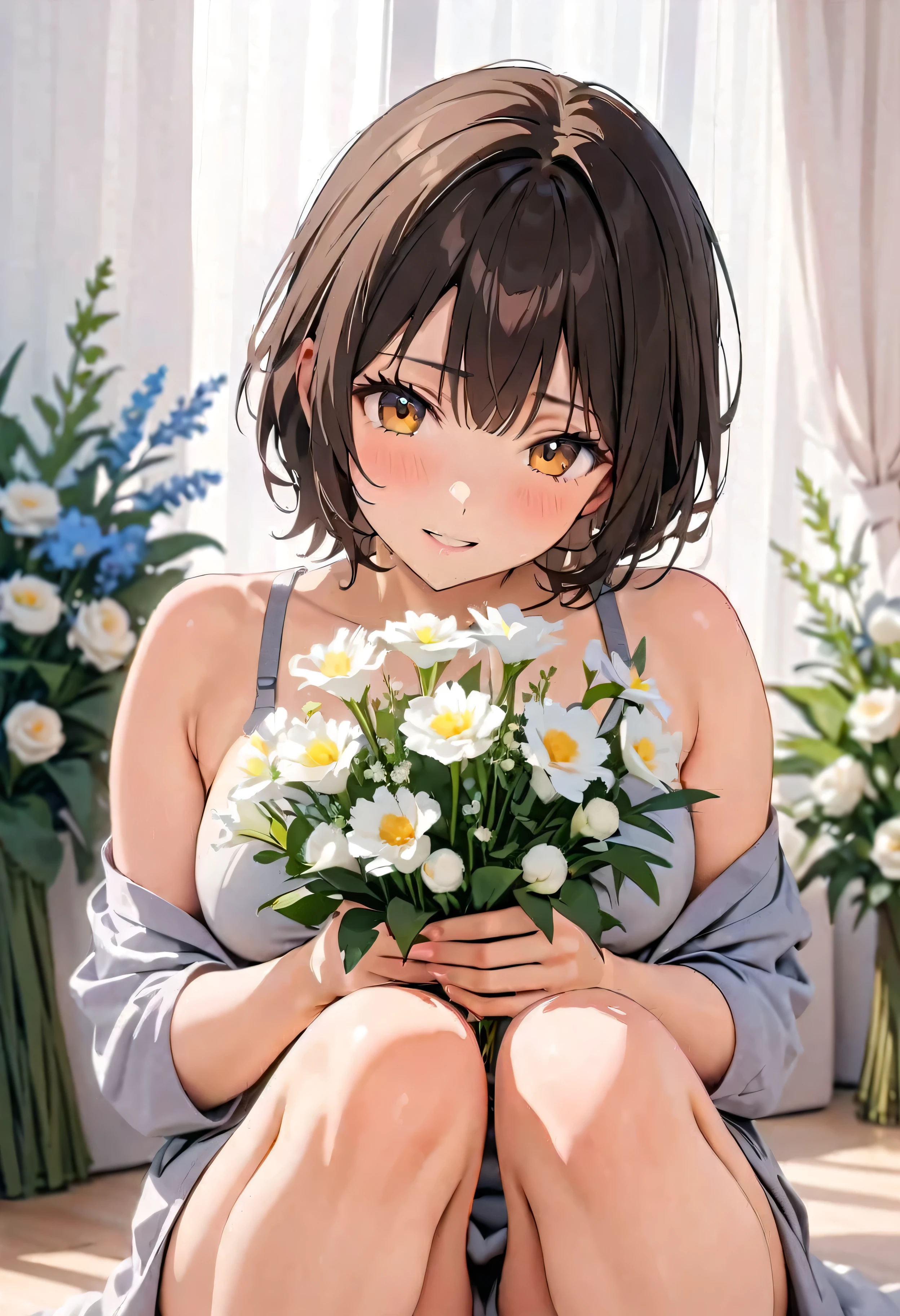 (最high quality, masterpiece, High resolution), (High Definition Skins: 1.2), 8k UHD, Soft Light, high quality, Volumetric Light, there is a woman sitting on the floor holding a bouquet of flowers, With flowers, Surrounded by frozen flowers, In a white room, bouquet, Holding flowers, female portrait With flowers, In a white room, sitting With flowers, Soft and fantastic lighting, Beautiful young black-haired woman, Fantastic and dreamy, 4K, 8k, Background Blur