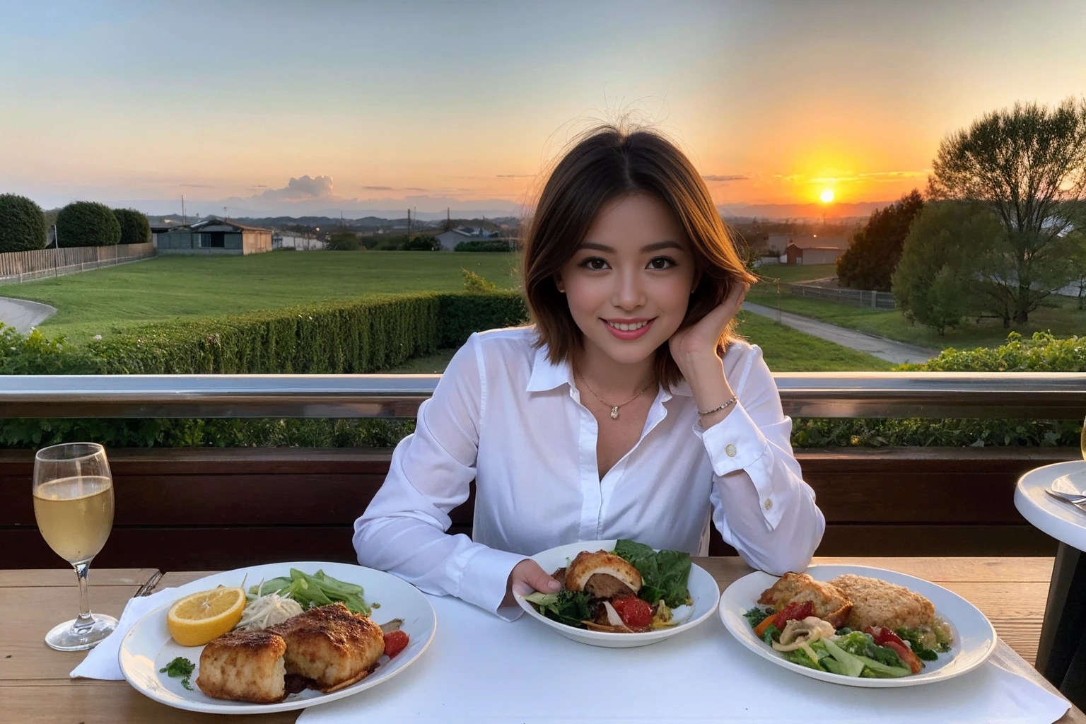 (Realistic:1.1),(masterpiece,Highest quality),8k,(49 years old), 53 years old, ベリーslimボディ、slimカップル、Tight waist,Upper Body,full-course dinner、wine 、Amazing view of the sunset sky and clouds、Perfect Anatomy, Brown Hair, short hair,Random Hairstyles,((Highly detailed face and eyes:1.2)),Perfect golden ratio face,Long sleeve shirt、dress,(smile:1.2)、Shortcuts、cute、(Realistic, Intricate details:1.2), A bright smile、short hair,Bright Face、赤wine 、Appetizers、Italian food、wine bottle、Champagne、スパークリングwine、(slimな顔), (The body is slim), (Brown Hair), (Shortcuts), Upper Body, 白wine, slim, wineグラス,