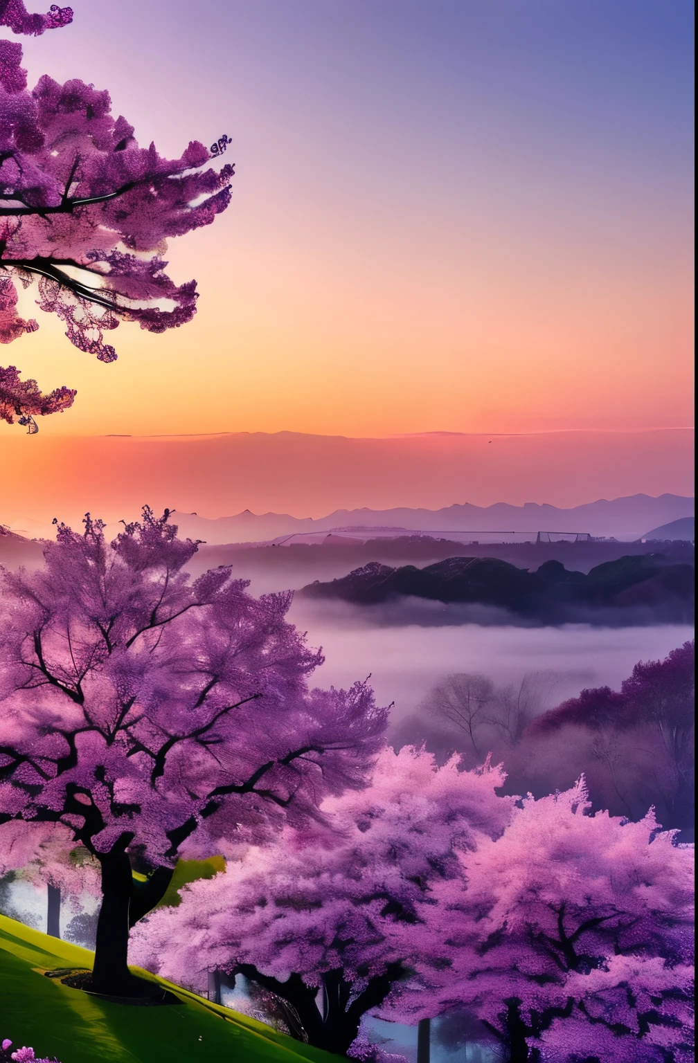 there is a tree with pink flowers in the foggy area, extremely beautiful and ethereal, spring early morning, misty garden, incredibly ethereal, cherry blossom forest, cherry blossom, cherry blossoms, flowers and trees, detailed trees in bloom, cherry blossom tree, cherry tree in the background, by Xie Shichen, by Cheng Jiasui, very ethereal, beautiful!!!!!!!!!