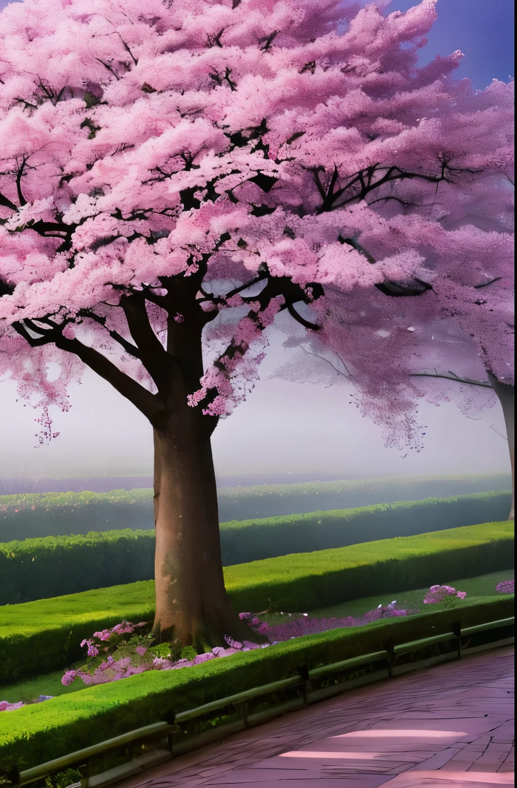 there is a tree with pink flowers in the foggy area, extremely beautiful and ethereal, spring early morning, misty garden, incredibly ethereal, cherry blossom forest, cherry blossom, cherry blossoms, flowers and trees, detailed trees in bloom, cherry blossom tree, cherry tree in the background, by Xie Shichen, by Cheng Jiasui, very ethereal, beautiful!!!!!!!!!