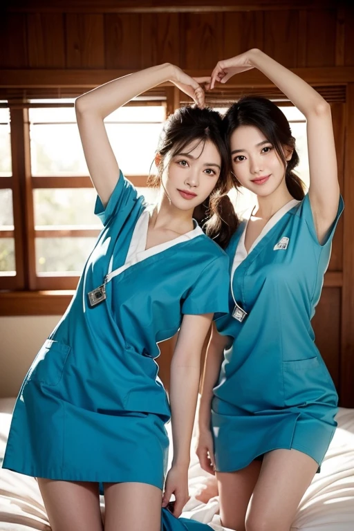 masterpiece,best quality,4k, cowboy shot, 2girls, (arm over head:1.4), smiling beautiful Japanese female nurse wearing teal nurse uniform, hourglass, beautiful detailed face, black hair, pale skin, fair skin, realistic skin, detailed cloth texture, detailed hair texture, Perfect proportion, accurate, Anatomically correct, Highly detailed face and skin texture, VIP modern hospital room, photorealistic, looking at viewer, asian face