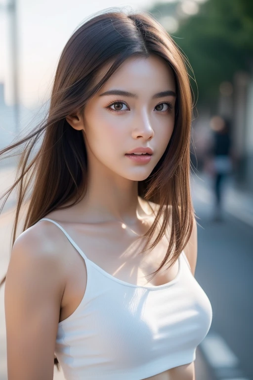 ((Realistic lighting, Best quality, 8K, masterpiece:1.3)), Sharp focus:1.2, 1 Girl, Beautiful woman with perfect body:1.4, Slim abdominal muscles:1.1, ((Dark brown hair)), (White cropped top:1.4),(Exterior,seaside:1.1),City Streets,Ultra-thin face,Beautiful eyes,Double eyelids,Huge