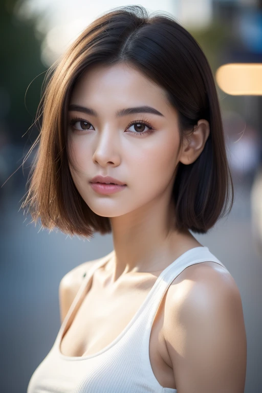 ((Realistic lighting, Best quality, 8K, masterpiece:1.3)), Sharp focus:1.2, 1 Girl, Beautiful woman with perfect body:1.4, Slim abdominal muscles:1.1, ((Dark brown hair)), (White cropped top:1.4),(Exterior,seaside:1.1),City Streets,Ultra-thin face,Beautiful eyes,Double eyelids,Huge