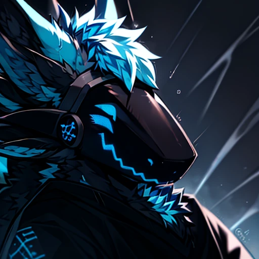 a furry den dragon with black scales and blue-tipped horns, blue colored eyes, wearing a sweatshirt ((with a tired face)) (arte anime) raining night, long muzzle