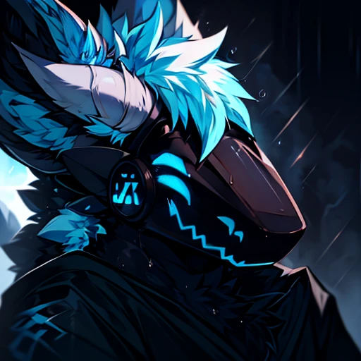 a furry den dragon with black scales and blue-tipped horns, blue colored eyes, wearing a sweatshirt ((with a tired face)) (arte anime) raining night, long muzzle
