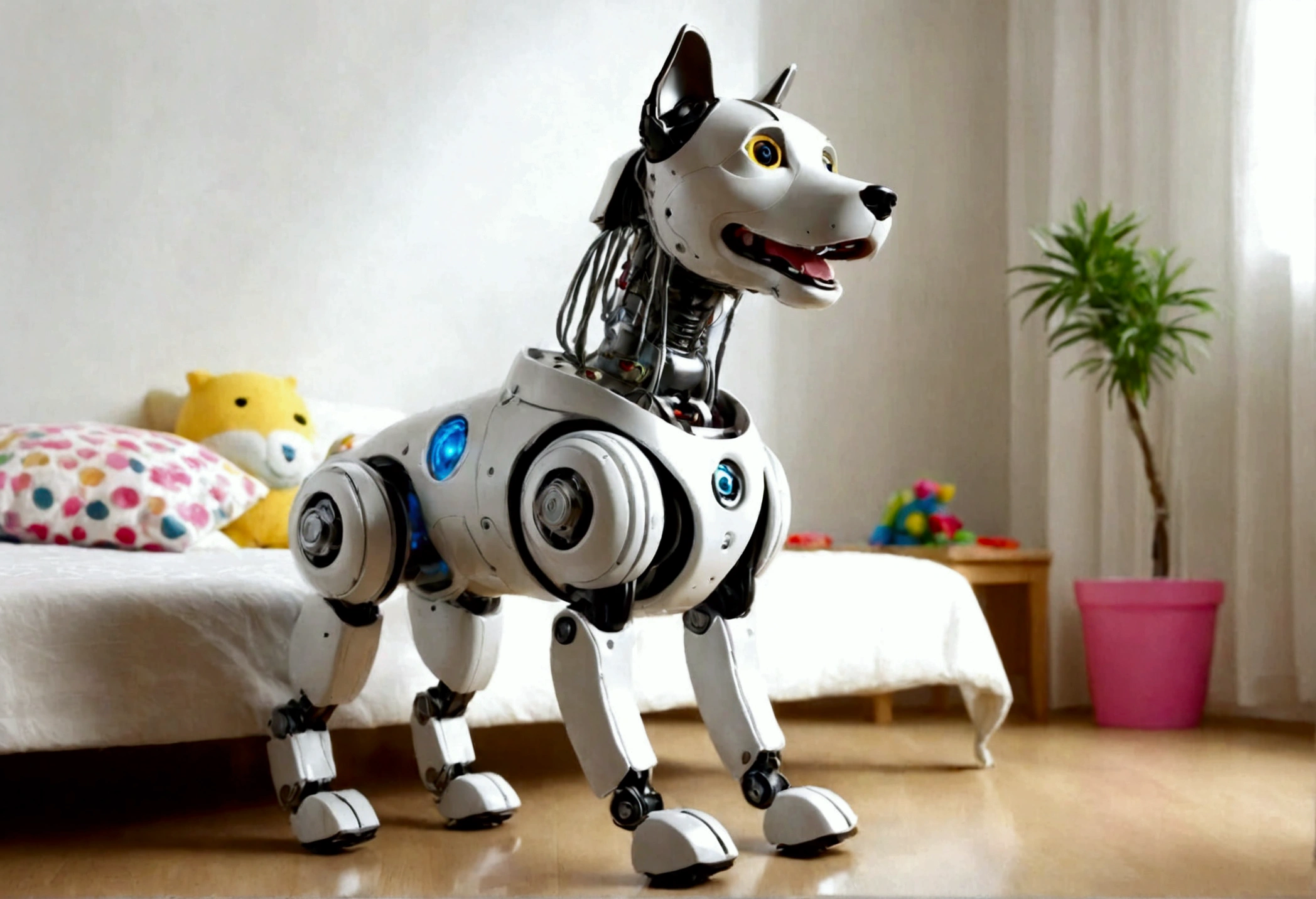 A happy obviously mechanical robot dog designed for children to play with, bedroom