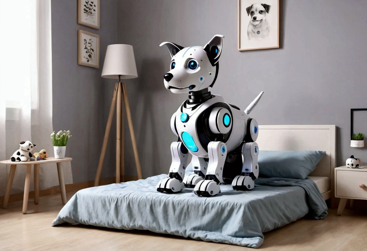 A happy obviously mechanical robot dog designed for children to play with, bedroom
