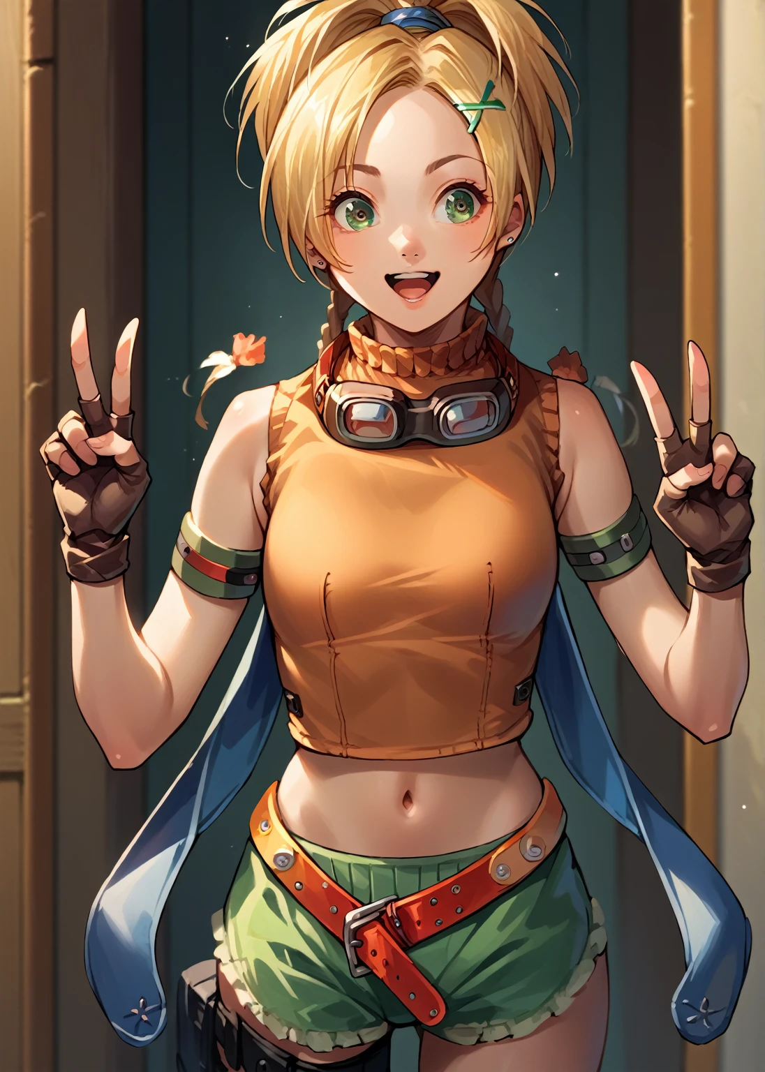 score_9, score_8_up, source_anime, 1girl, RikkuX, x hair ornament, goggles around neck, fingerless gloves, midriff, navel, belt, double v, open mouth, happy,