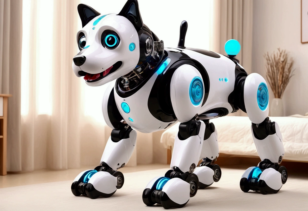A happy obviously mechanical robot dog designed for children to play with, bedroom