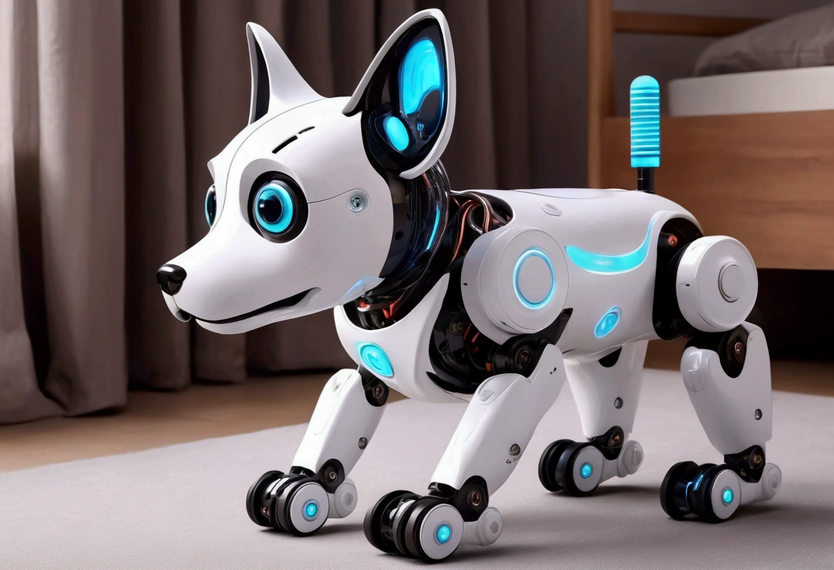 A happy obviously mechanical robot dog designed for children to play with, bedroom
