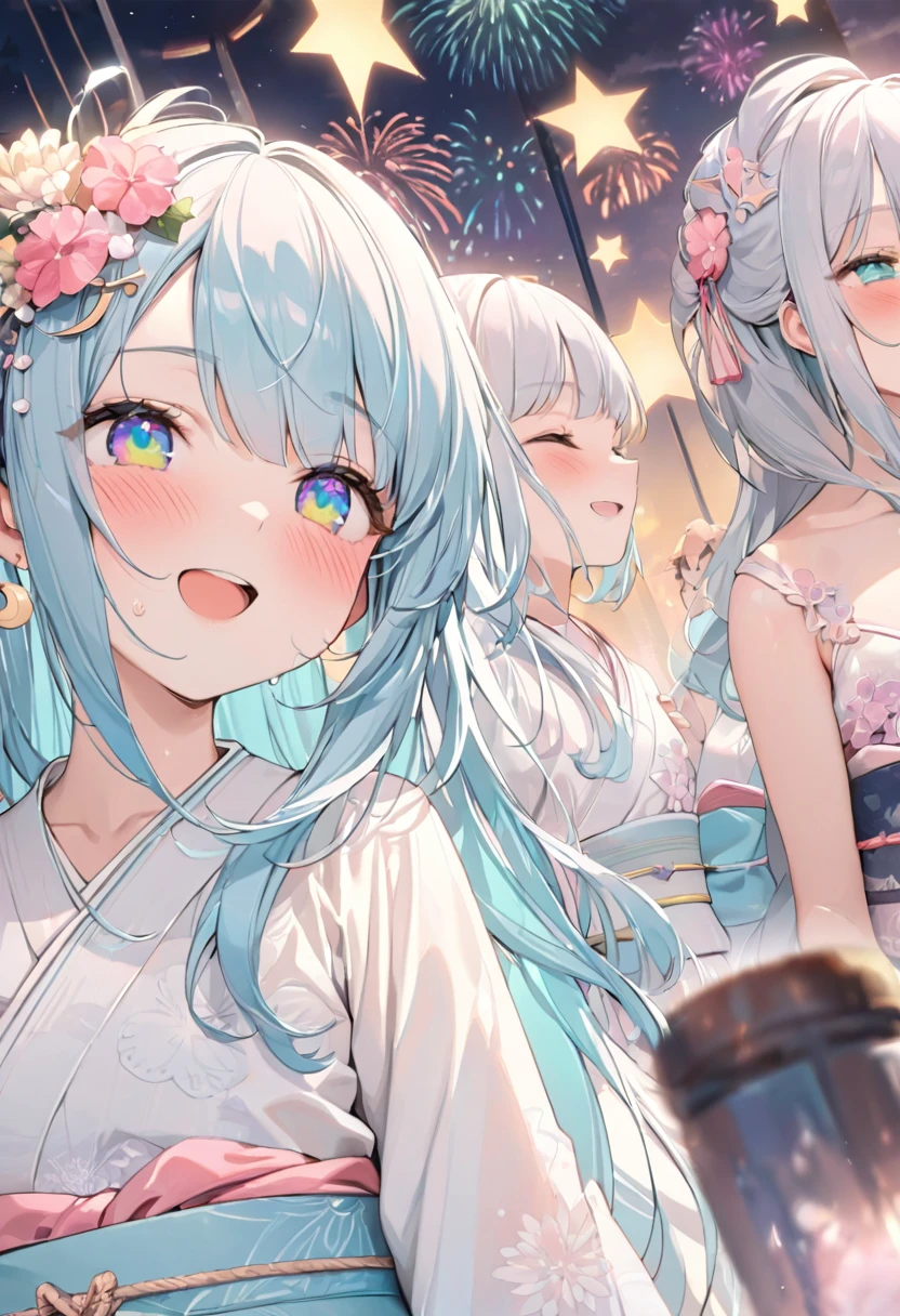 masterpiece, best quality, extremely detailed, (illustration, official art:1.1), 1 girl ,(((( light blue long hair)))), ,(((( light blue long hair)))),light blue hair, , long hair ((blush)) , cute face, masterpiece, best quality,(((((a very delicate and beautiful girl))))),Amazing,beautiful detailed eyes,blunt bangs((((little delicate girl)))),(((tareme))),droopy eyes.(true beautiful:1.2), sense of depth,dynamic angle,,,, affectionate smile, (true beautiful:1.2),,(tiny 1girl model:1.2),)(flat chest), "A woman in a beautiful white yukata with hydrangea patterns. The obi of the yukata is pink and adorned with shining pearl accessories. The background features fireworks lighting up the dark night sky with vibrant colors, beautifully illuminating her."colored inner hair, side ponytail, hair one side up, shiny hair, wet hair, tied hair, low-braided long hair, lone nape hair, kanzashi, star hair ornament, bunny hair ornament, musical note hair ornament, multicolored eyes, aqua eyes, gradient eyes, gradient_eyes, longeyelashes, solid circle eyes, crescent earrings, glint, happy, laughing, Surrealism, anime, sparkle, 8k, super detail, UHD, accurate, masterpiece, anatomically correct, textured skin, super detail, high details, high quality, award winning, best quality, highres