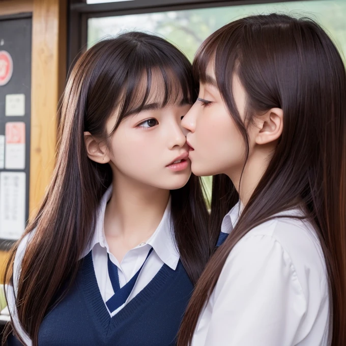 (Highest quality, 4K, 8k, High resolution, masterpiece:1.2), Very detailed, (Realistic, photoRealistic, photo-Realistic:1.37)、Two Girls、Japanese、classroom、(High School Uniform)、(Hair Color:Random)、(Hairstyle:Random)、((Kissing))、、Photographed from the waist up