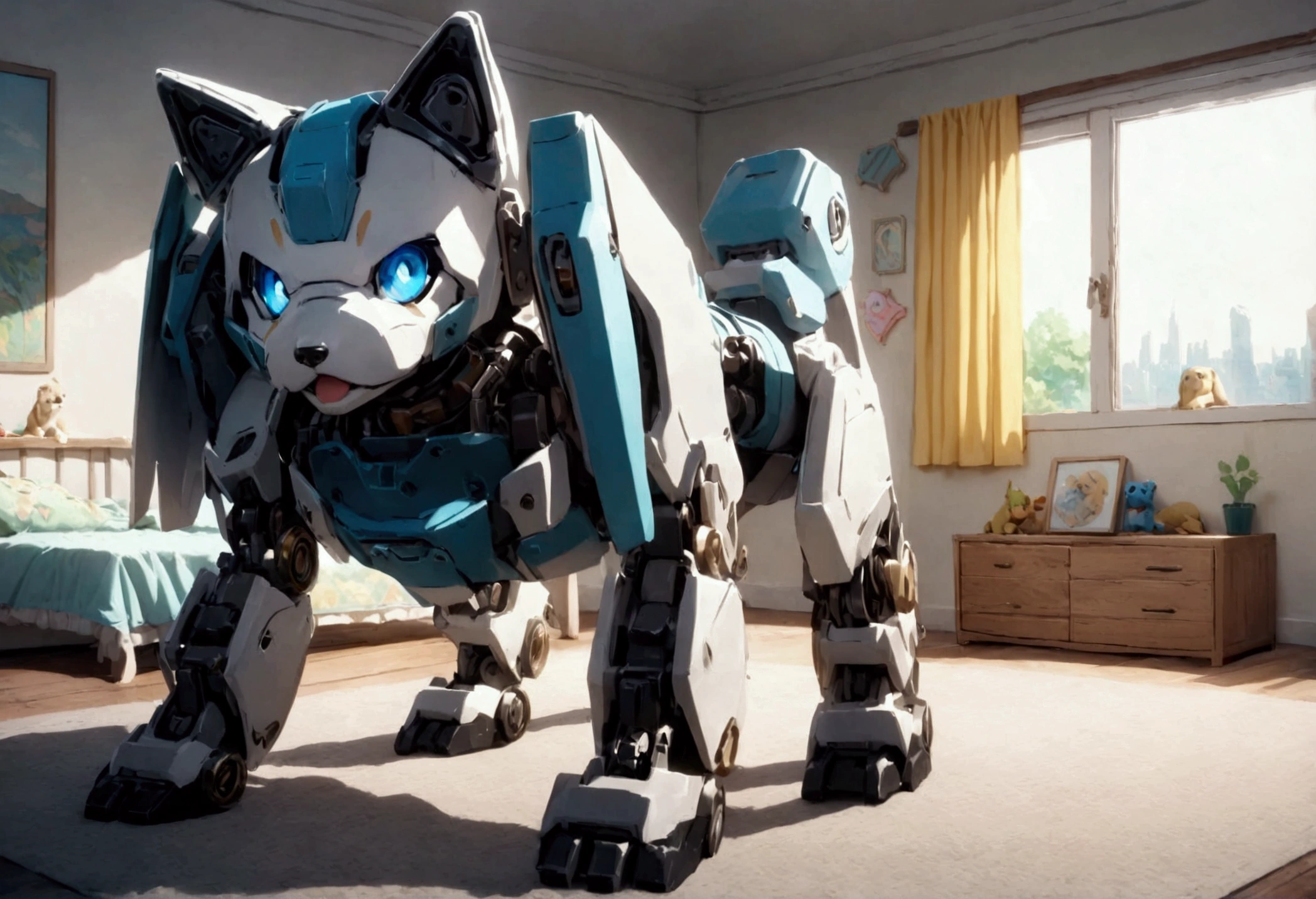 A happy obviously mechanical robot dog designed for children to play with, bedroom
