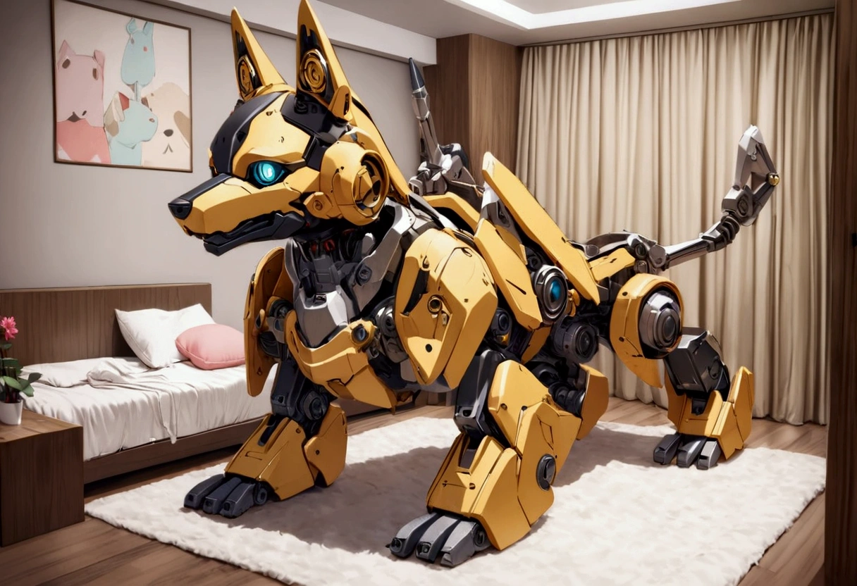 A happy obviously mechanical robot dog designed for children to play with, bedroom