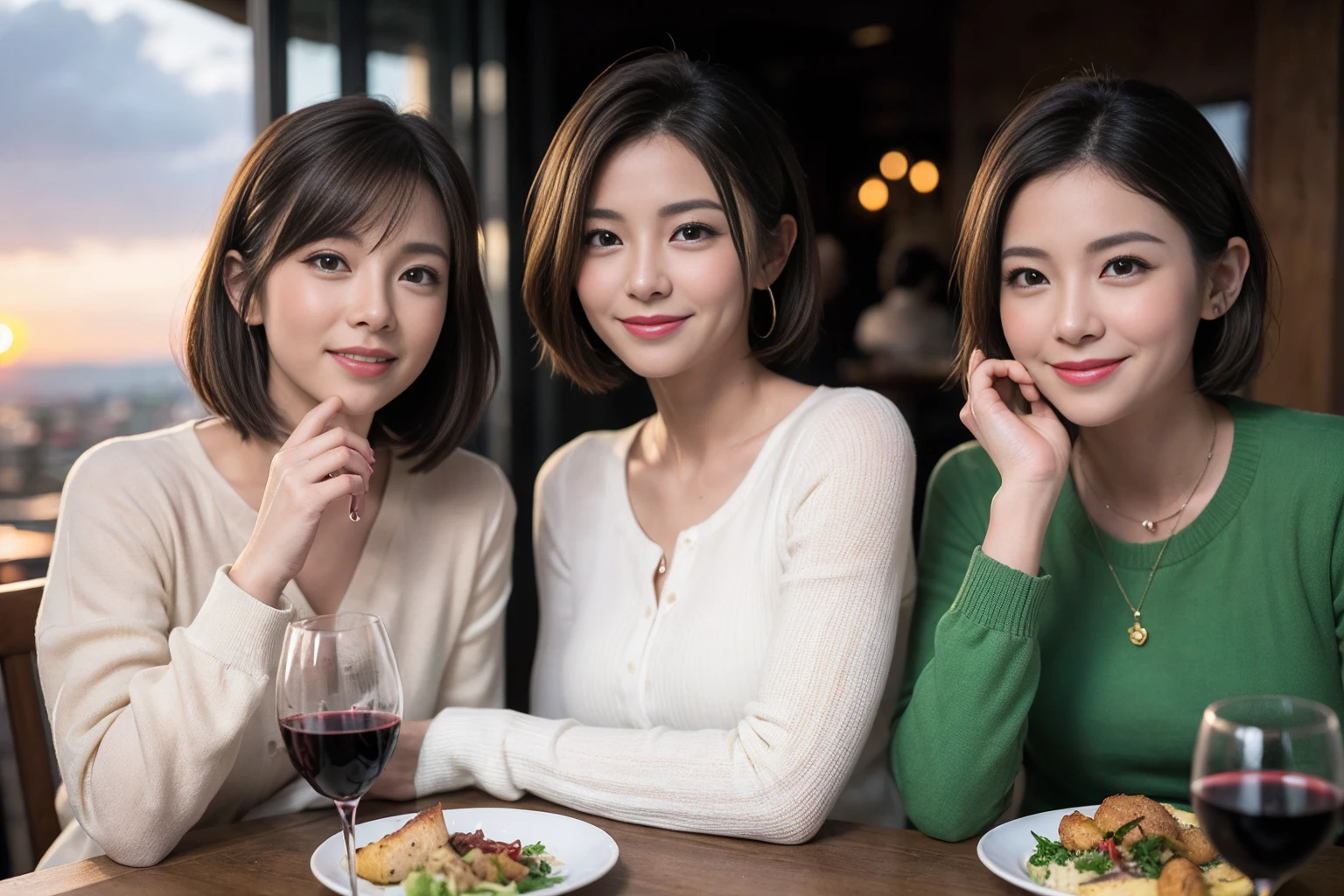 (Realistic:1.1),(masterpiece,Highest quality),8k,(49 years old), 53 years old, ベリーslimボディ、slimカップル、Tight waist,Upper Body,full-course dinner、wine 、Amazing view of the sunset sky and clouds、Perfect Anatomy, Brown Hair, short hair,Random Hairstyles,((Highly detailed face and eyes:1.2)),Perfect golden ratio face,Long sleeve shirt、dress,(smile:1.2)、Shortcuts、cute、(Realistic, Intricate details:1.2), A bright smile、short hair,Bright Face、赤wine 、Appetizers、Italian food、wine bottle、Champagne、スパークリングwine、(slimな顔), (The body is slim), (Brown Hair), (Shortcuts), Upper Body, 白wine, slim, wineグラス,